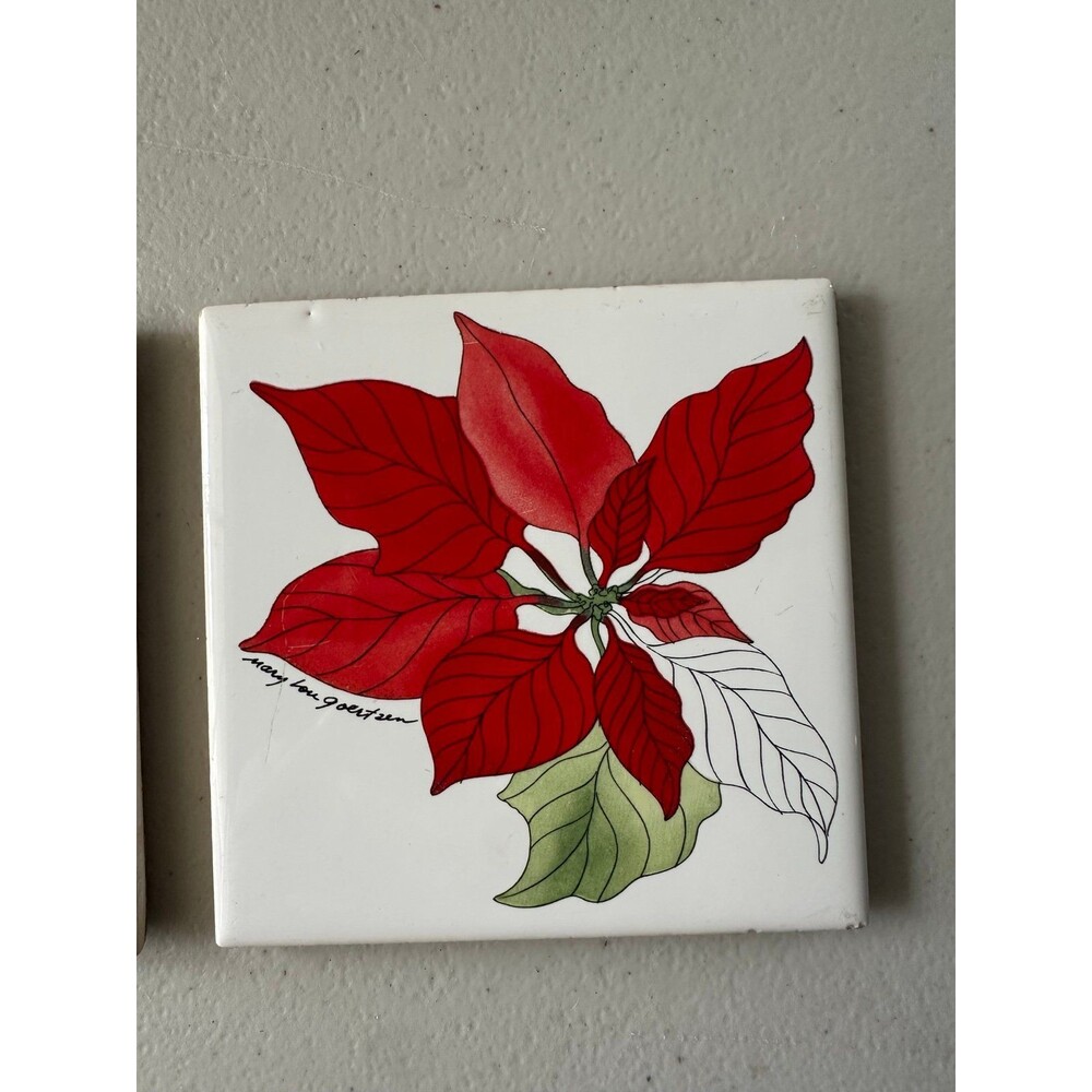 Block Spal Mary Lou Goertzen 2 Decorative Ceramic Tile Poinsettia Coasters - Picture 3 of 7